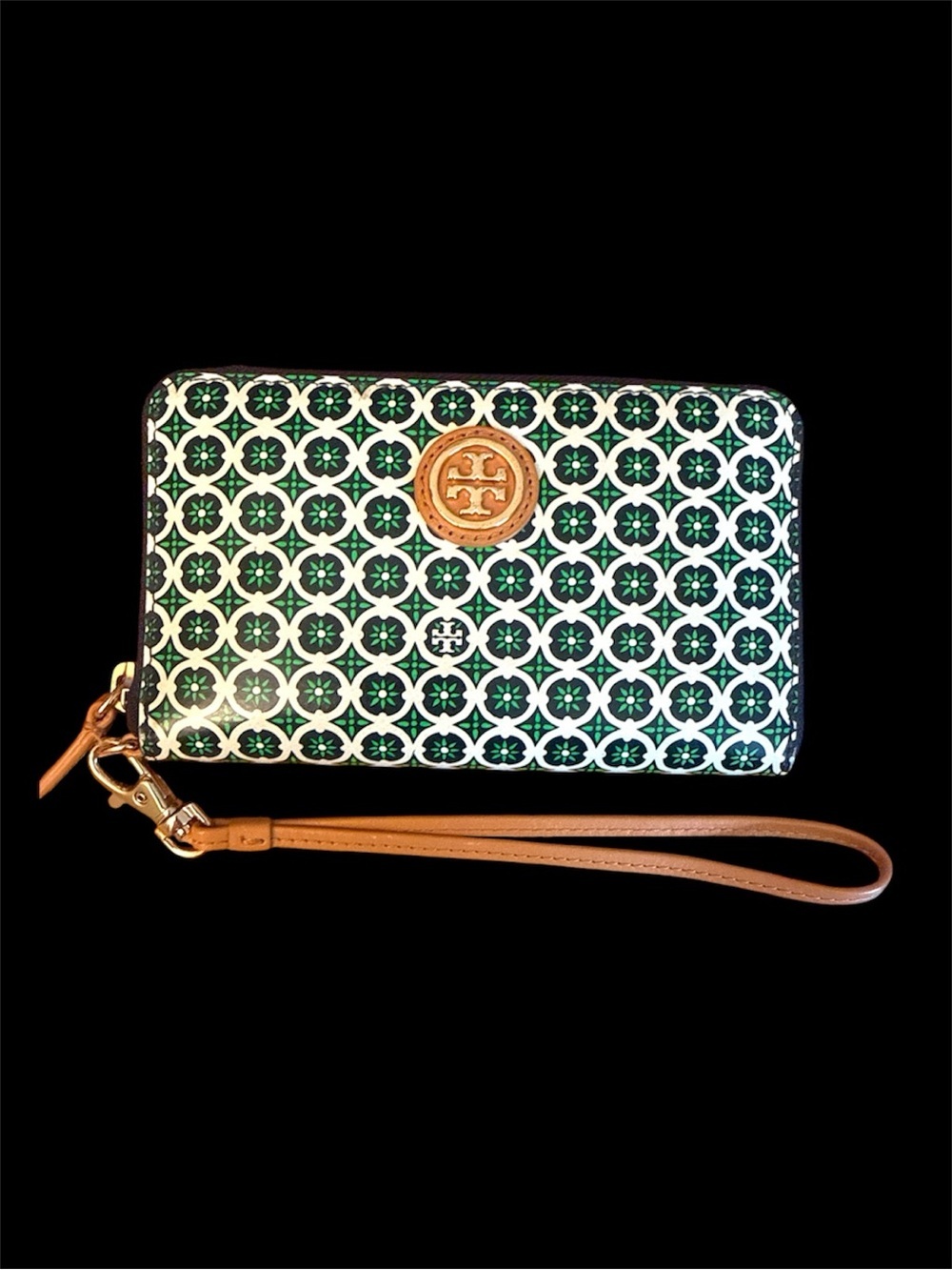 Tory Burch Green Patterned Wristlet Wallet with Tan Strap